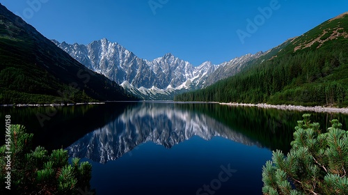 Fototapeta Naklejka Na Ścianę i Meble -  Serene Mountain Lake Reflection with Tatra Mountains, and Poland.