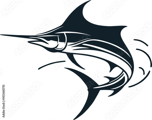 Simple black and white line art of a blue marlin swimming horizontally