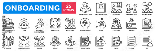 Onboarding icon collection set. Containing hiring, welcome, introduction, training, interaction, mentoring, performance review icon. Simple line vector illustration.