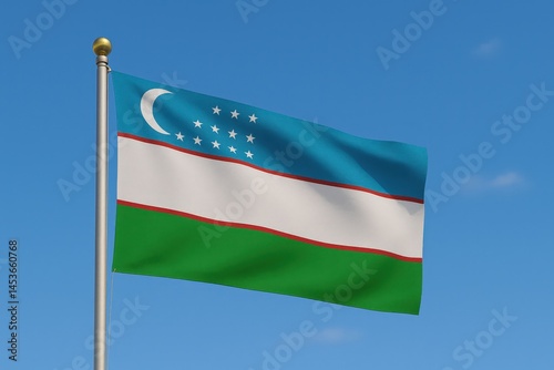 Uzbekistan national flag waving in blue sky
