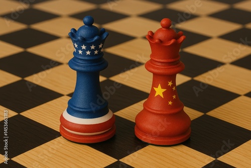 US and China Flag Chess Pieces on Chessboard