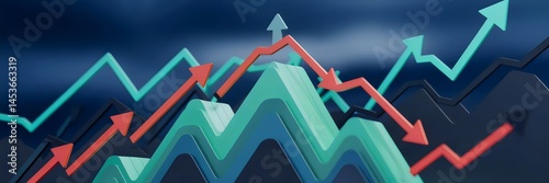 3D render of fluctuating financial chart with arrows pointing up and down in mountain shape – Ideal for financial analysis, investment strategies, or market trend visuals.
