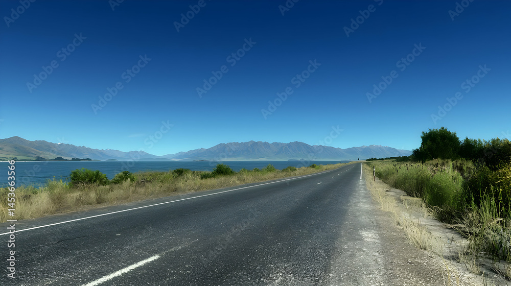 Fototapeta premium Empty highway stretches towards a distant mountain range beside a placid lake under a clear blue sky. A scenic landscape of a tranquil road trip
