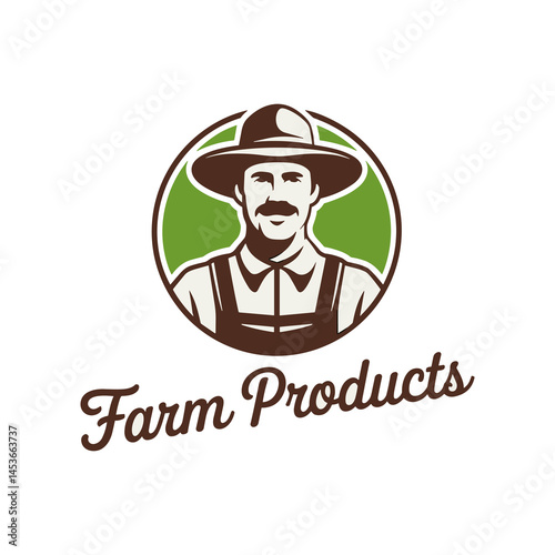 Cheerful Cartoon Farmer Character Portrait with Mustache and "Farm Products" Text Logo