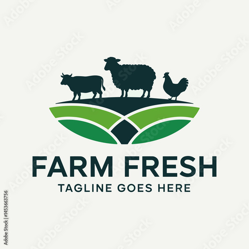 Silhouettes of Farm Animals (Cow, Sheep, Chicken) on Green Hills with "Farm Fresh" Text Logo