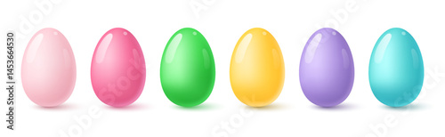 Set of simple colorful Easter eggs. Smooth shiny multicolored eggs with highlights and shadows. Vector 3D illustration.