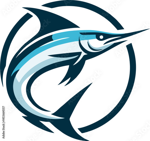 Minimalist logo of a blue marlin swimming in a circular emblem