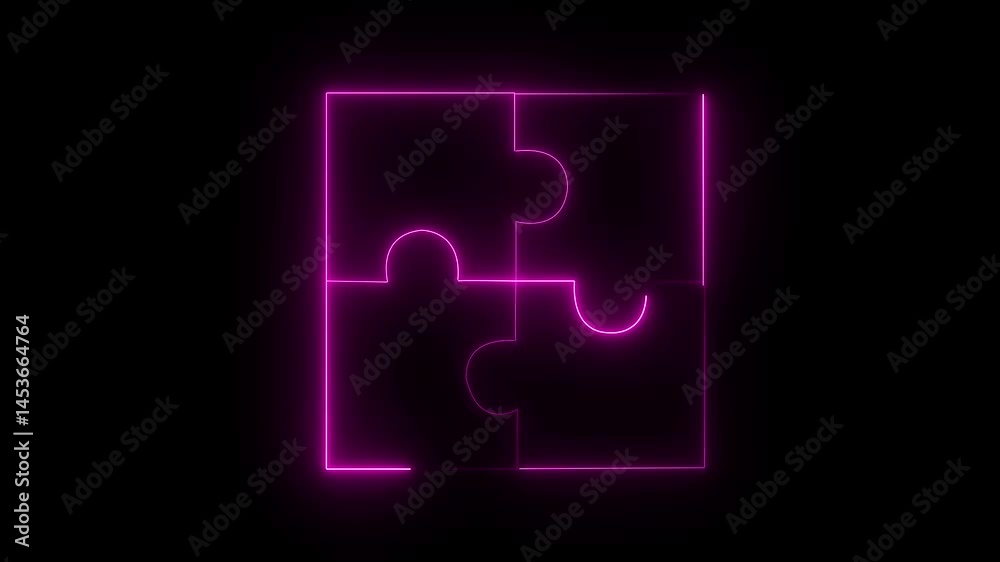 Glowing neon Simple puzzle pieces. Icon of the puzzle. icon animation on a black background. Glowing neon Simple puzzle pieces. Icon of the puzzle. icon animation on a black background.