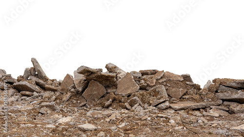 Concrete debris from road demolition isolates piled up on the ground.