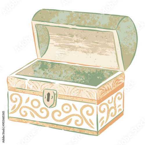 Vintage treasure chest with ornate designs, open to reveal its empty interior, against a soft pastel background, symbolizing adventure and mystery.