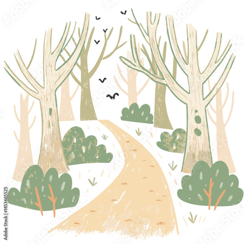 A serene forest landscape with a winding path, showcasing green trees, soft colors, and nature's beauty, perfect for relaxation and inspiration.