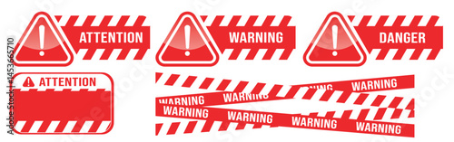 Warning vector signs. Attention sign, warning sign, caution sign, danger sign. Exclamation mark. Yellow warning caution sign text space area message box sticker label object goods commodity