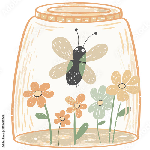 Butterfly trapped in a jar surrounded by colorful flowers, showcasing a playful illustration representing nature and confinement.