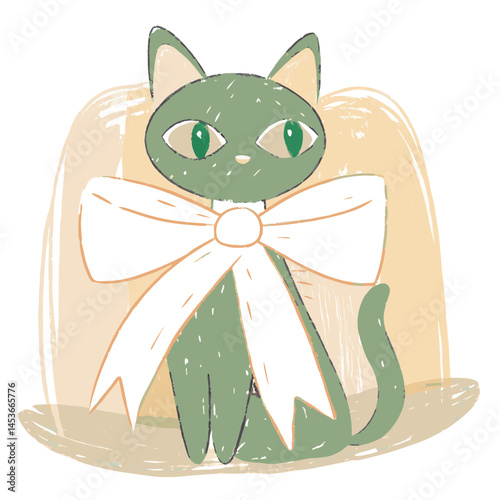 A green cat sitting calmly with a large white bow, symbolizing cuteness, gift-like presentation, decoration, and charming pet aesthetics
