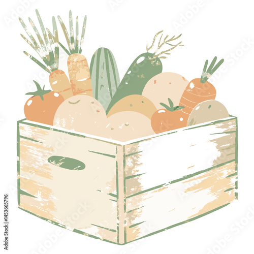 Vibrant fresh vegetables and fruits in a rustic wooden crate against a clean background representing organic farming and healthy eating.