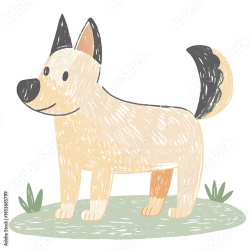 Cute cartoon dog smiling happily on grass with green plants, representing companionship and joy in a playful art style.