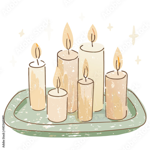 Six lit candles glowing warmly on a decorative green tray, creating a serene atmosphere representing tranquility and relaxation.
