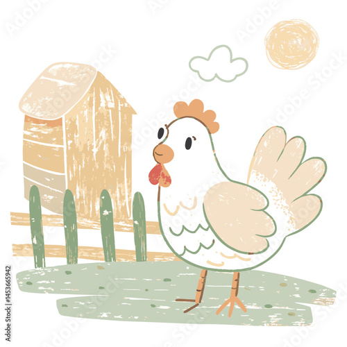 Charming cartoon chicken happily standing near a wooden barn and fence in a pastoral setting, representing farm life and creativity.