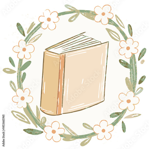 Illustration of a book surrounded by a floral wreath, representing knowledge and creativity in a soft and inviting design.