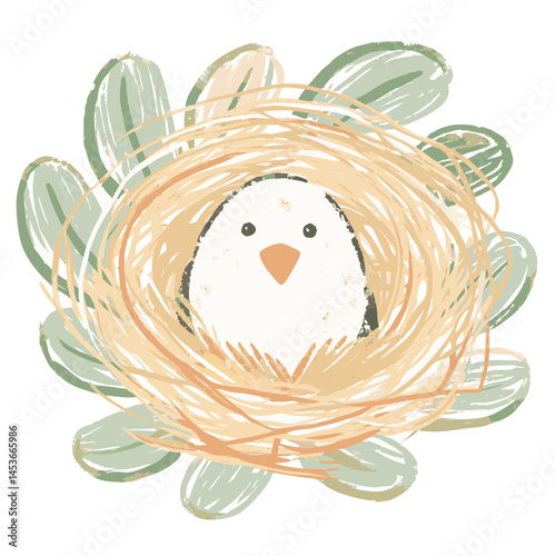 Cute chick nestled in a warm nest surrounded by leaves, representing new beginnings and the nurturing aspects of nature.