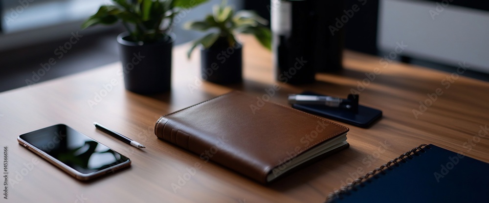 Elegant workspace featuring a leather journal, smartphone, and desktop accessories Elegant workspace featuring a leather journal, smartphone, and desktop accessories