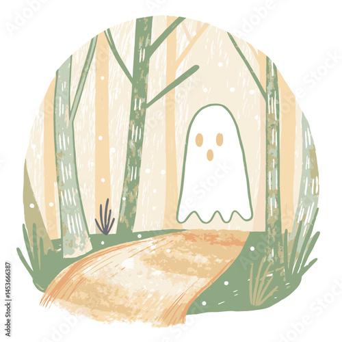 A white ghost floating among trees in a quiet forest, symbolizing haunting themes, Halloween atmosphere, mystery, and playful supernatural presence in nature
