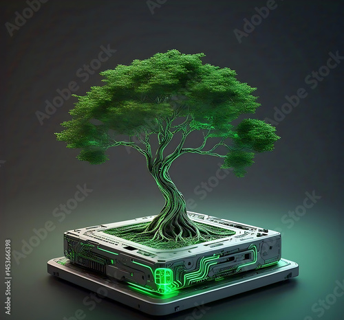 Futuristic Tech-Tree Growing from a Metallic Circuit Base with Glowing Green Roots