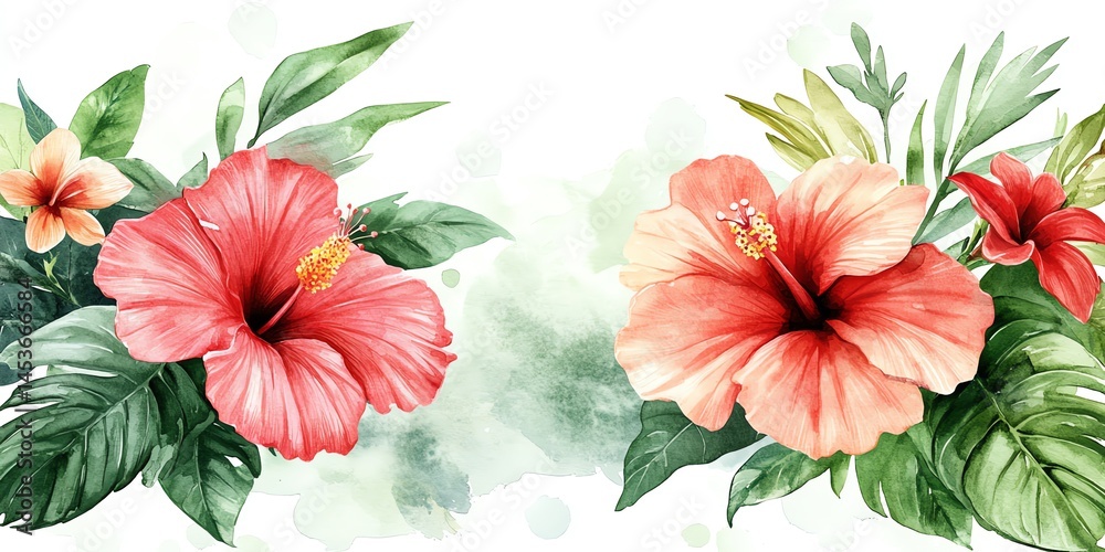 Fototapeta premium Hibiscus flowers watercolor painting
