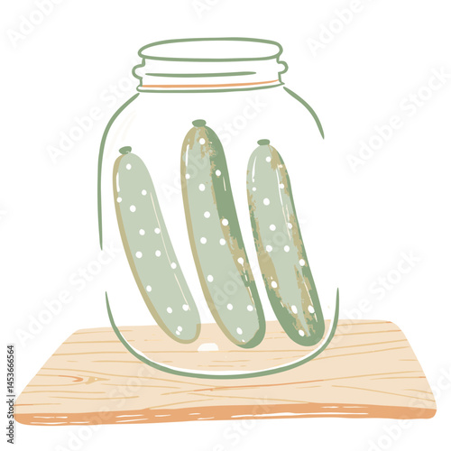 Fresh dill pickles in a jar showcasing their vibrant color on a wooden cutting board, symbolizing homemade preservation and nutritious snacking.