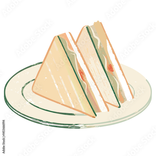 Illustration of a Delicious Sandwich Piled High with Fresh Ingredients on a Plate with Circular Design, Perfect for Lunch or Snack Time