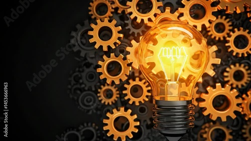 Glowing lightbulb amidst interlocking gears, symbolizing innovation, creativity, and teamwork in problem-solving
