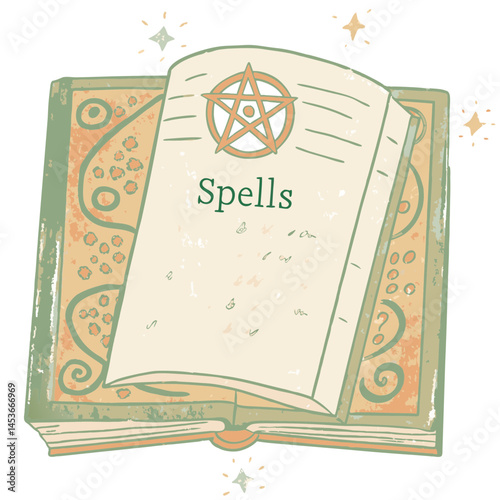 A mystical spellbook opened revealing its pages with enchanting designs, inspiring creativity and imagination in a magical setting.