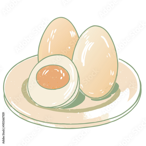 Illustration of Three Eggs on a Plate Representing Freshness and Simplicity in a Cozy Kitchen Setting