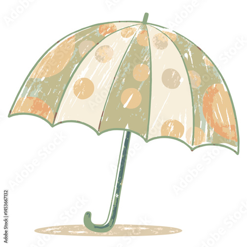 Stylish umbrella with polka dots stands alone on a white background, representing protection from rain and a cheerful aesthetic.