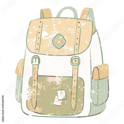 Whimsical vintage backpack illustration showcasing design, colors, and wear, perfect for educational or travel-themed purposes.