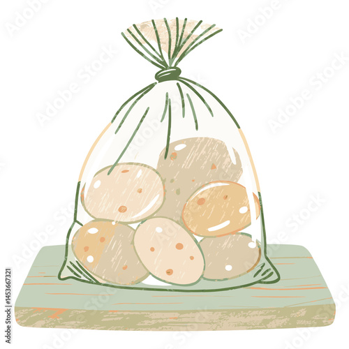 Illustration of a bag filled with organic potatoes on a wooden surface, showcasing natural food elements that represent healthy eating and farm-to-table freshness.
