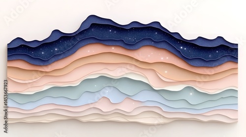 Abstract Layered Landscape Design Pastel Colors Night Sky Starry Waves Paper Cut Art