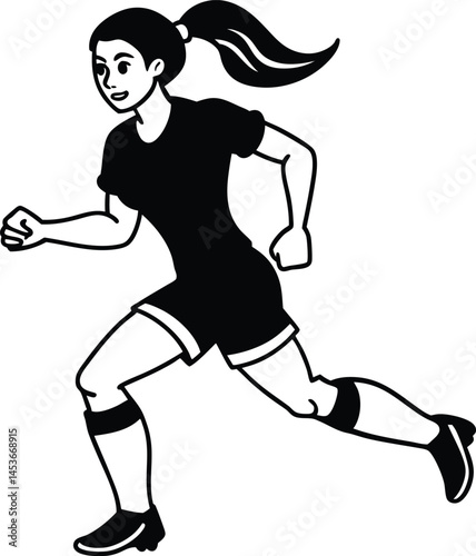 Dynamic female soccer player in motion wearing sports uniform and cleats, sprinting forward during a match, isolated on white background