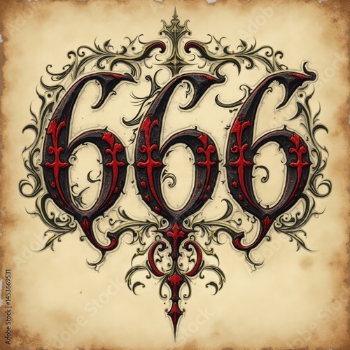 Ornate gothic calligraphy of 666 on ancient parchment

