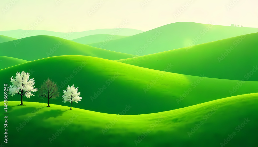 Obraz premium Gentle green hills roll across the landscape, trees stand peacefully in the foreground.