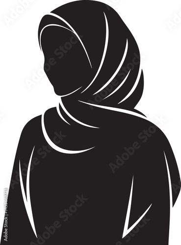 Elegant silhouette of a Muslim woman wearing a hijab, modest clothing and headscarf, side profile pose on white background, Islamic feminine concept