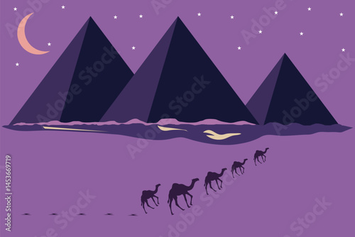 Desert landscape with egyptian pyramids and camels caravan, cartoon vector illustration. Hot golden sand dunes with pyramids on horizon and bedouins with camels. Desert banner.