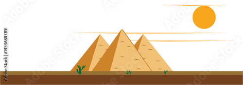 Desert landscape with egyptian pyramids and camels caravan, cartoon vector illustration. Hot golden sand dunes with pyramids on horizon and bedouins with camels. Desert banner.