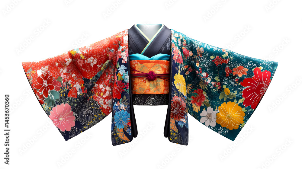 Floral patterned kimono robe with obi belt, cut out transparent Floral patterned kimono robe with obi belt, cut out transparent