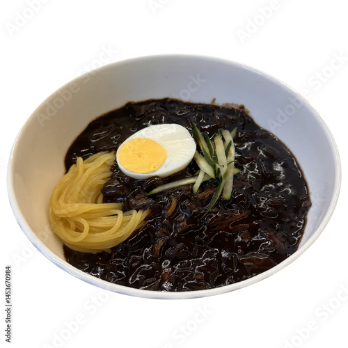 A bowl of jajangmyeon or Korean Chinese noodles in black bean sauce with egg die cut for restaurant, cafe, menu, recipe, Asian food photo, lunch, dinner, family meal, cook book, cuisine, trip, travel