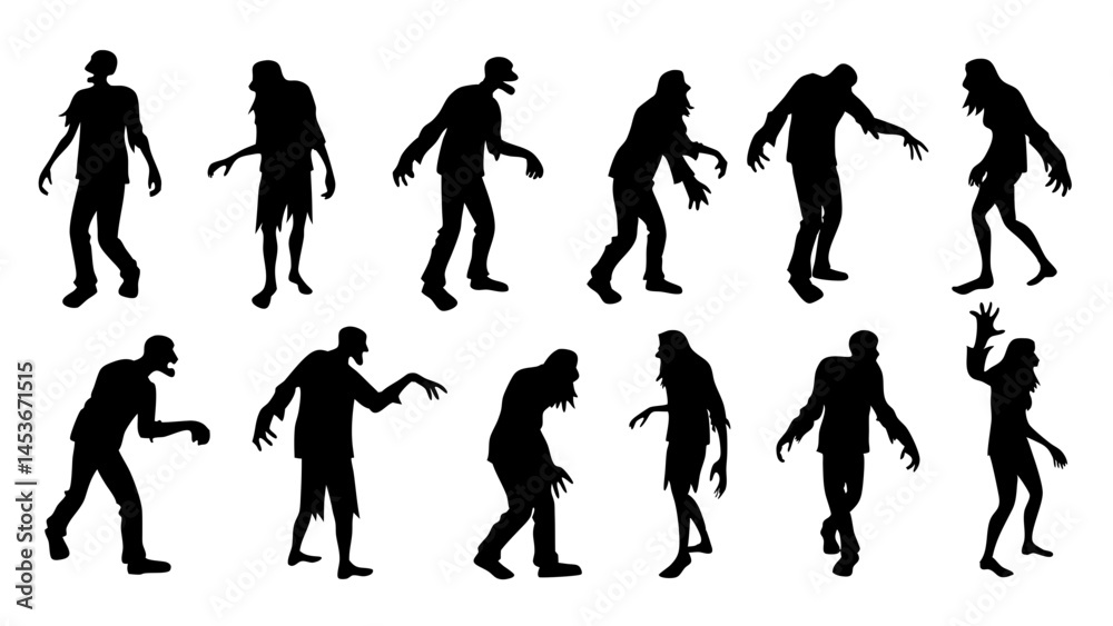 set of zombie silhouette vector on white background set of zombie silhouette vector on white background