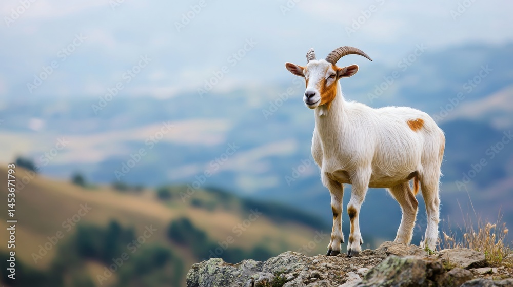 Fototapeta premium A goat standing on a hill, part of a sustainable farming initiative, 