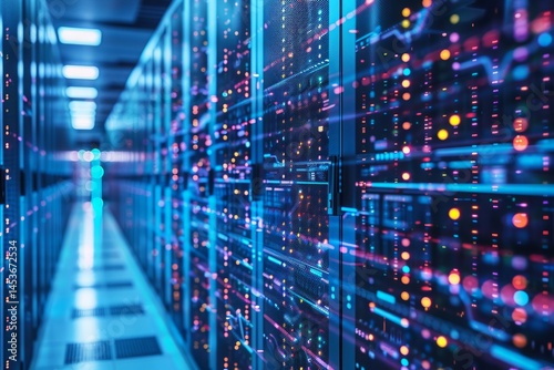 Data Center with High-Tech Server Racks and Bright LED Lights