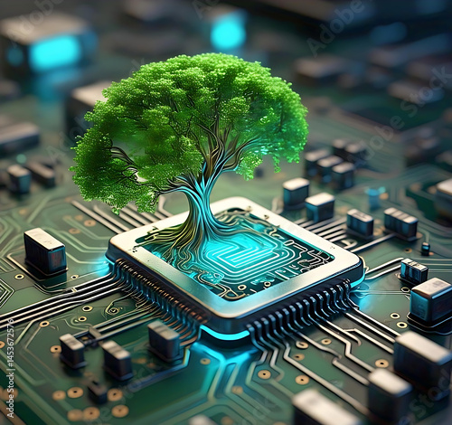 Futuristic Tree Emerging from a Computer Chip with Glowing Circuit Connections, Representing the Symbiosis of Nature and Technology