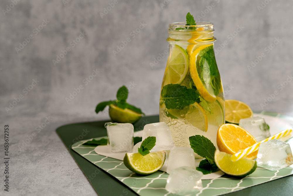 Fototapeta premium Citrus detox tea in a glass jar with lime, lemon, mint and ice cubes on a gray background. Concept of making summer lemonade.